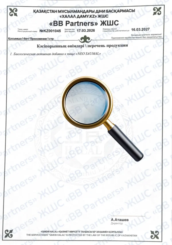 Official Kazakh certificate with a gold magnifying glass, symbolizing inspection/verification.