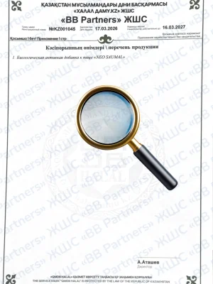 Kazakhstan halal certificate page for 'BB Partners' with a large magnifying glass graphic over the text